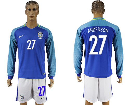 Brazil #27 Anderson Away Long Sleeves Soccer Country Jersey - Click Image to Close
